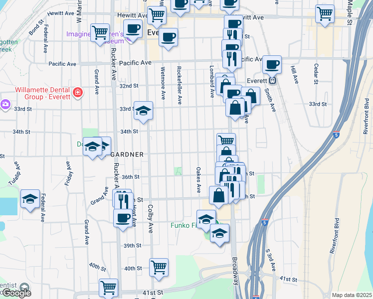 map of restaurants, bars, coffee shops, grocery stores, and more near 3431 Rockefeller Avenue in Everett