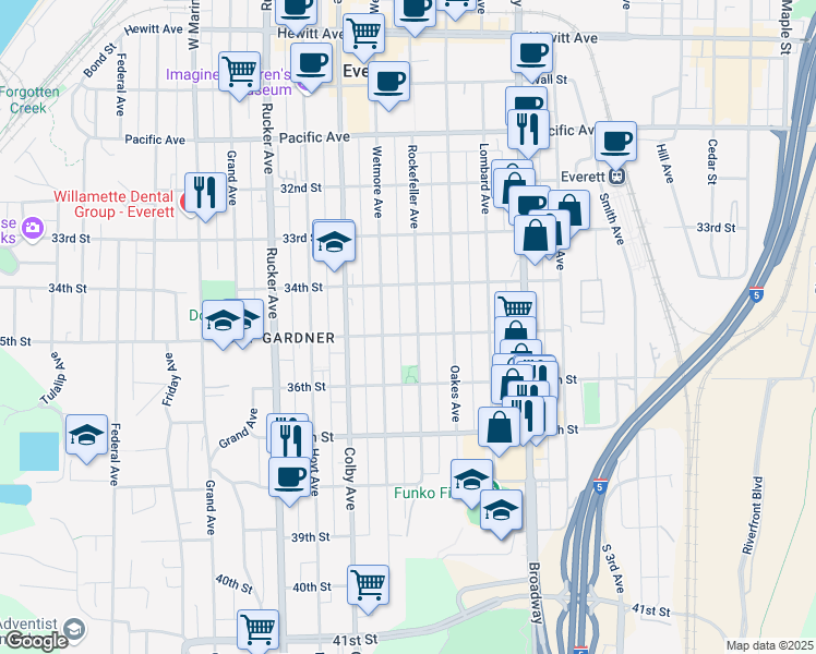 map of restaurants, bars, coffee shops, grocery stores, and more near 3429 Wetmore Avenue in Everett