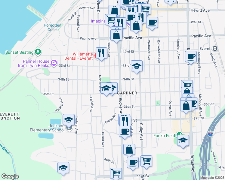 map of restaurants, bars, coffee shops, grocery stores, and more near 3425 Grand Avenue in Everett