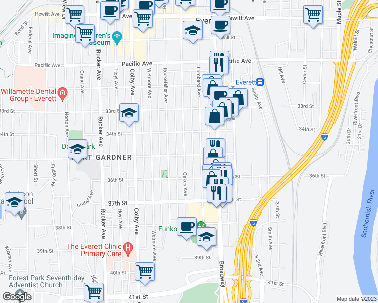 map of restaurants, bars, coffee shops, grocery stores, and more near 3431 Oakes Avenue in Everett
