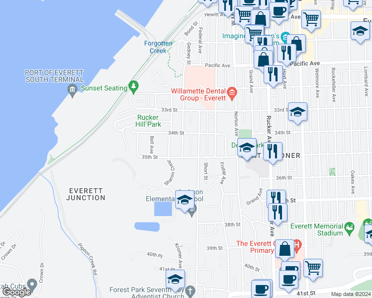 map of restaurants, bars, coffee shops, grocery stores, and more near 3425 Kromer Avenue in Everett