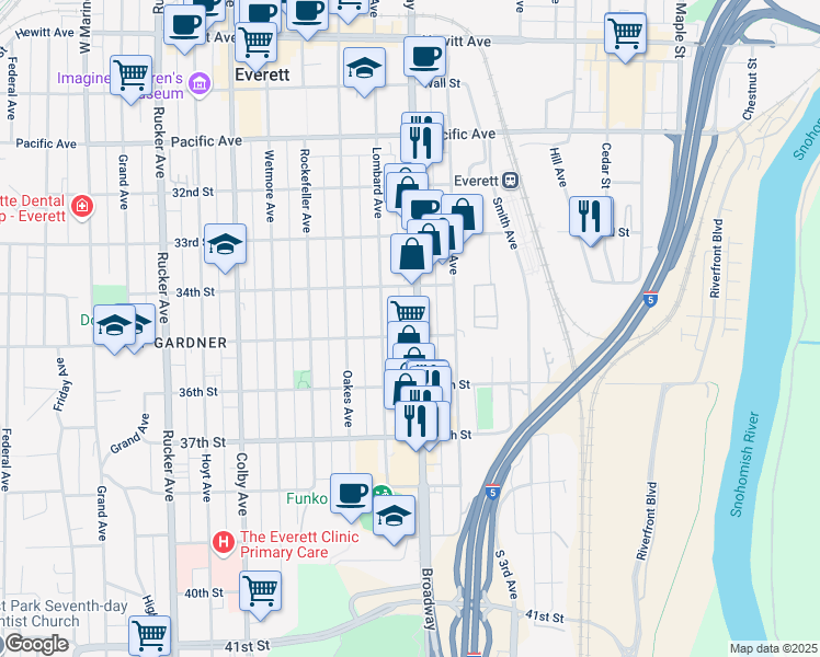 map of restaurants, bars, coffee shops, grocery stores, and more near 3430 Broadway in Everett
