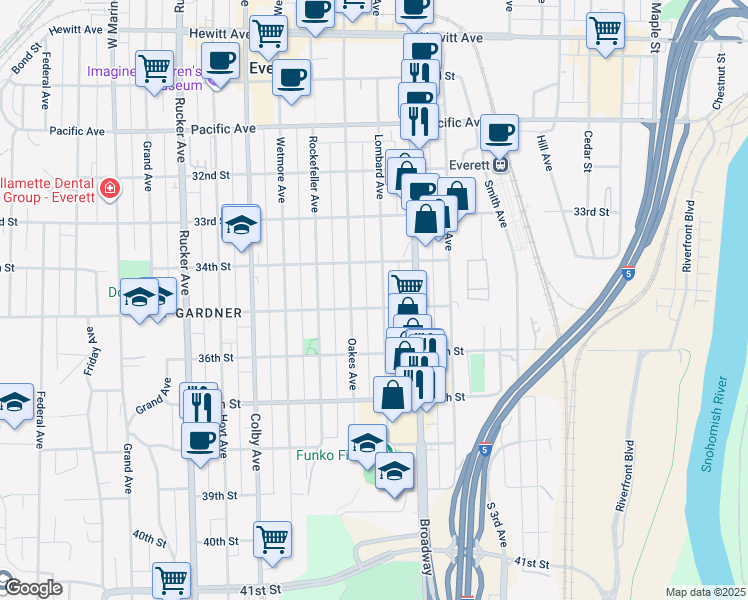 map of restaurants, bars, coffee shops, grocery stores, and more near 3431 Oakes Avenue in Everett