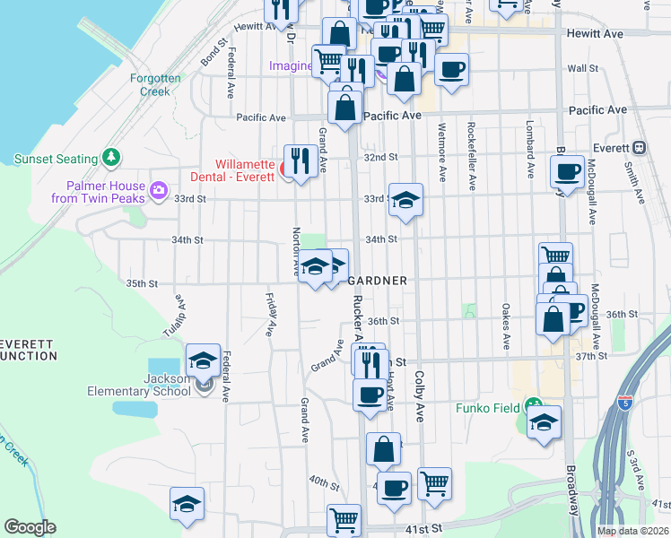 map of restaurants, bars, coffee shops, grocery stores, and more near 3425 Grand Avenue in Everett