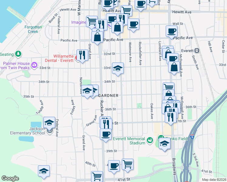 map of restaurants, bars, coffee shops, grocery stores, and more near 3425 Hoyt Avenue in Everett