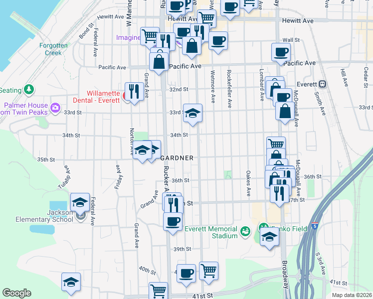 map of restaurants, bars, coffee shops, grocery stores, and more near 3425 Hoyt Avenue in Everett