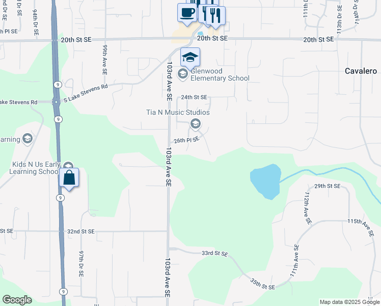 map of restaurants, bars, coffee shops, grocery stores, and more near 2705 104th Drive Southeast in Lake Stevens