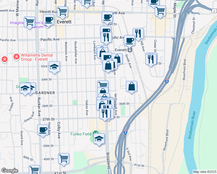 map of restaurants, bars, coffee shops, grocery stores, and more near 3431 Broadway in Everett