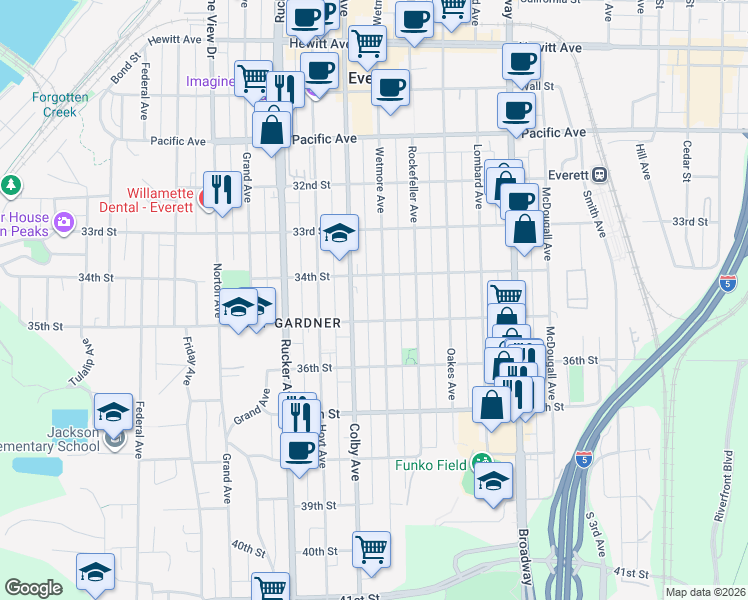 map of restaurants, bars, coffee shops, grocery stores, and more near 3418 Wetmore Avenue in Everett