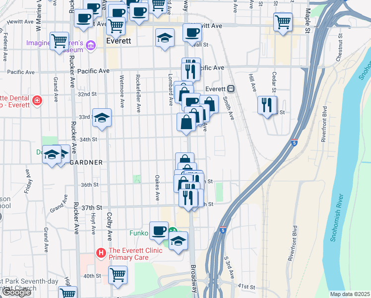 map of restaurants, bars, coffee shops, grocery stores, and more near 3430 Broadway in Everett