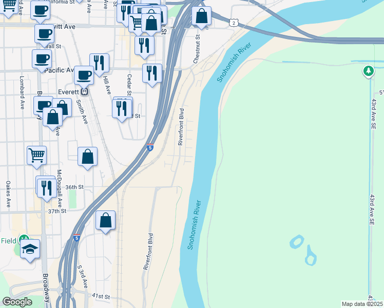 map of restaurants, bars, coffee shops, grocery stores, and more near 3511 31st Drive in Everett