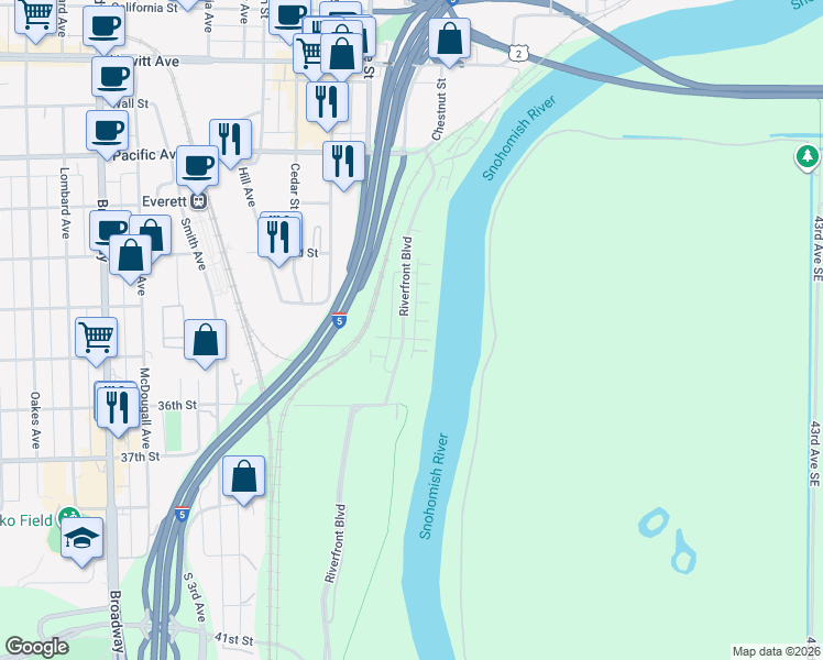 map of restaurants, bars, coffee shops, grocery stores, and more near 3449 30th Drive in Everett