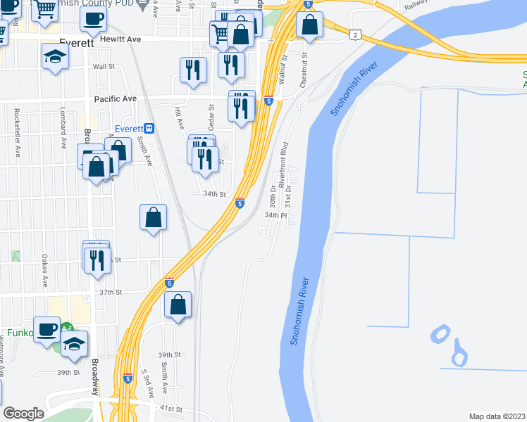 map of restaurants, bars, coffee shops, grocery stores, and more near 3449 30th Drive in Everett