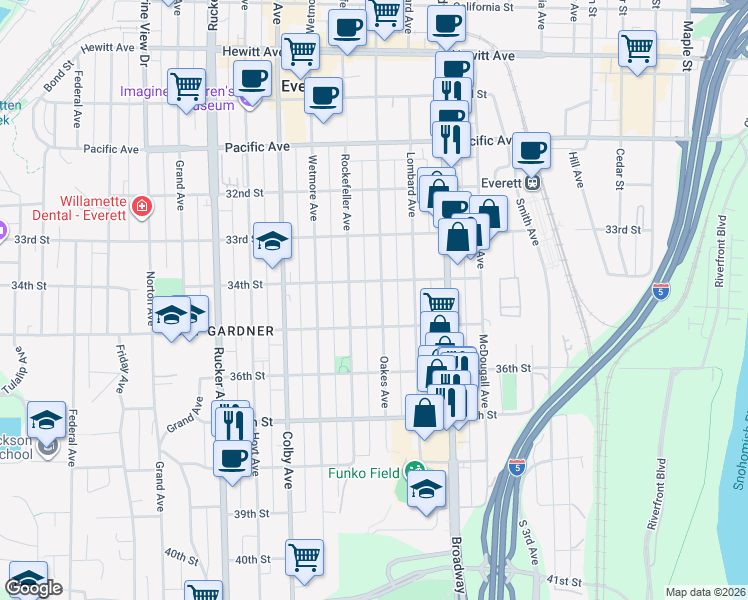 map of restaurants, bars, coffee shops, grocery stores, and more near 3431 Rockefeller Avenue in Everett