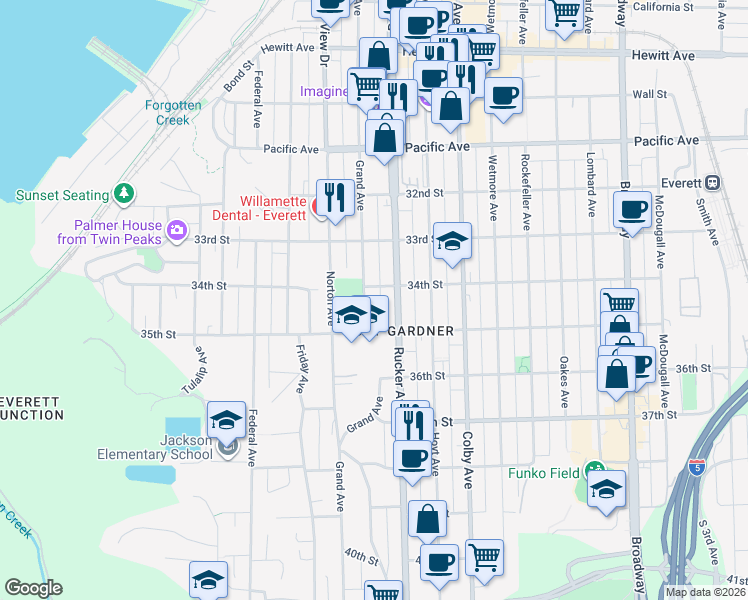map of restaurants, bars, coffee shops, grocery stores, and more near 3425 Grand Avenue in Everett