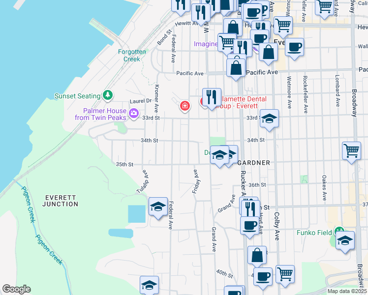map of restaurants, bars, coffee shops, grocery stores, and more near 3423 Federal Avenue in Everett