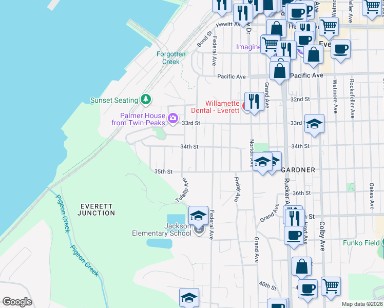 map of restaurants, bars, coffee shops, grocery stores, and more near 3425 Kromer Avenue in Everett