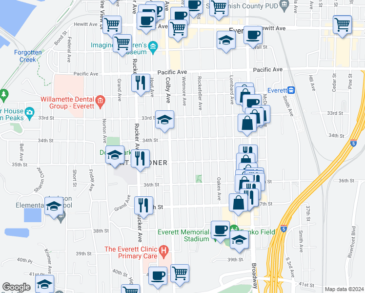map of restaurants, bars, coffee shops, grocery stores, and more near 3410 Wetmore Avenue in Everett