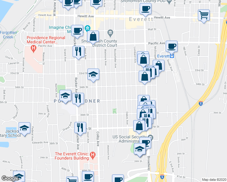 map of restaurants, bars, coffee shops, grocery stores, and more near 3410 Rockefeller Avenue in Everett