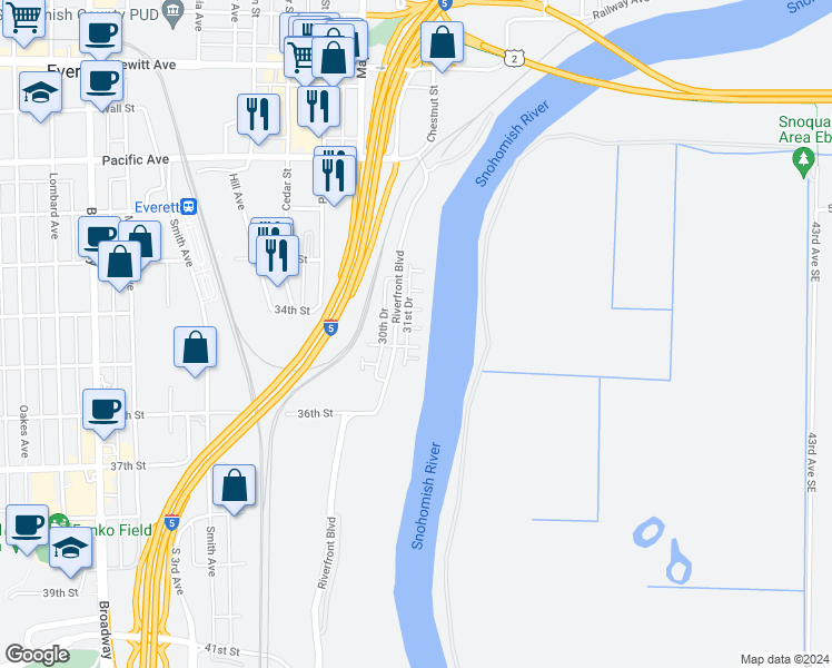 map of restaurants, bars, coffee shops, grocery stores, and more near 3429 31st Drive in Everett