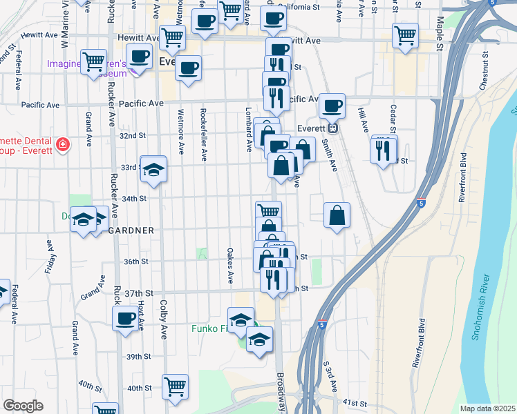 map of restaurants, bars, coffee shops, grocery stores, and more near 3430 Broadway in Everett