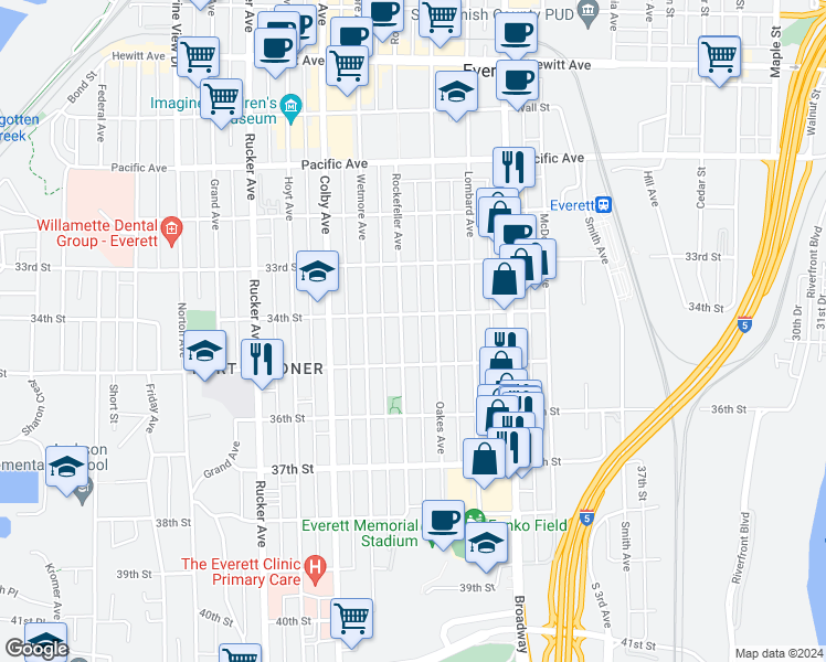 map of restaurants, bars, coffee shops, grocery stores, and more near 3431 Rockefeller Avenue in Everett