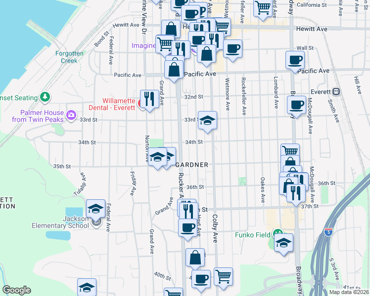 map of restaurants, bars, coffee shops, grocery stores, and more near in Everett