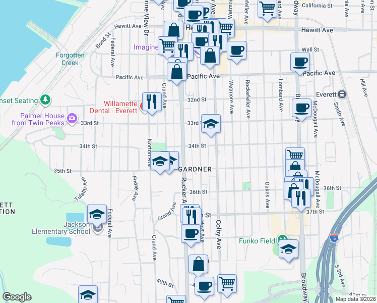 map of restaurants, bars, coffee shops, grocery stores, and more near in Everett