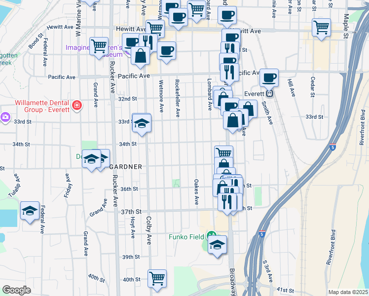 map of restaurants, bars, coffee shops, grocery stores, and more near 3325 Rockefeller Avenue in Everett