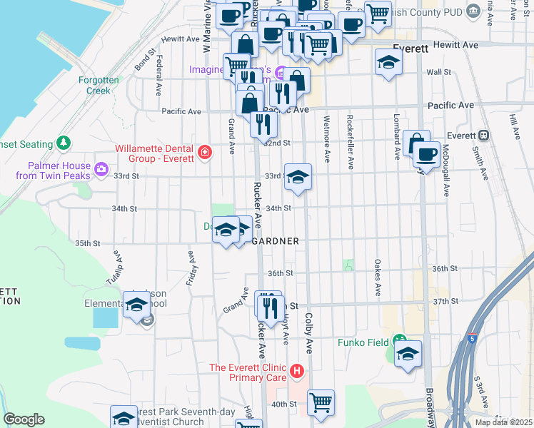 map of restaurants, bars, coffee shops, grocery stores, and more near 3323 Rucker Avenue in Everett