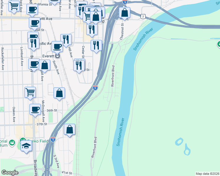 map of restaurants, bars, coffee shops, grocery stores, and more near 3419 30th Drive in Everett