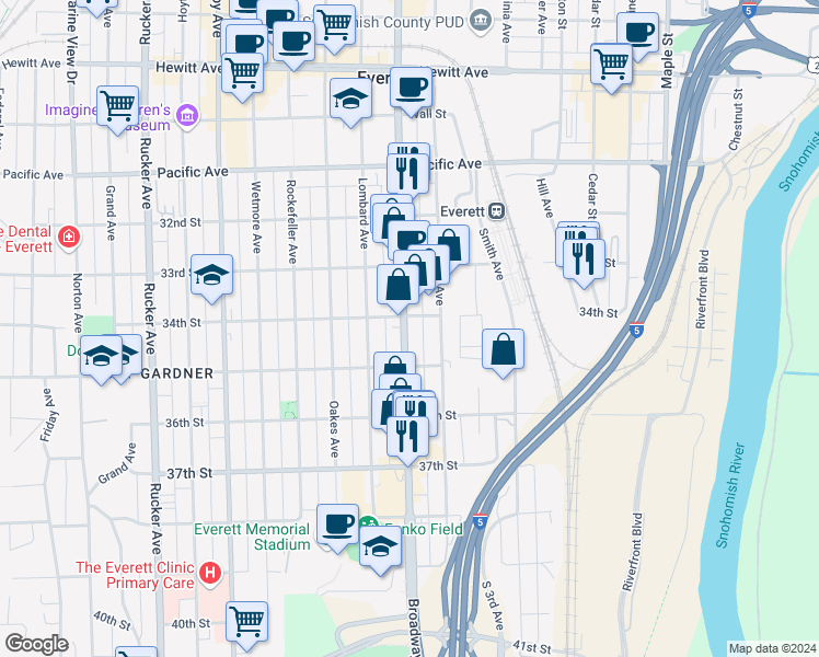 map of restaurants, bars, coffee shops, grocery stores, and more near 3330 McDougall Avenue in Everett