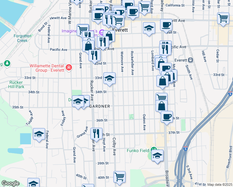 map of restaurants, bars, coffee shops, grocery stores, and more near 3327 Colby Avenue in Everett