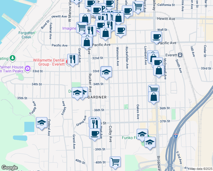 map of restaurants, bars, coffee shops, grocery stores, and more near 3327 Hoyt Avenue in Everett