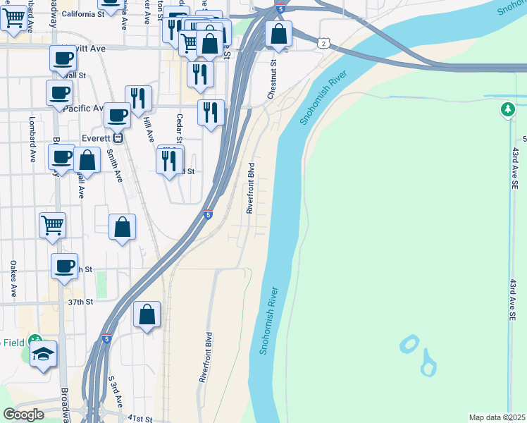 map of restaurants, bars, coffee shops, grocery stores, and more near 3355 31st Drive in Everett