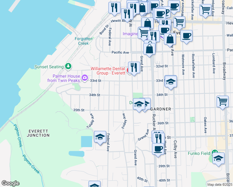 map of restaurants, bars, coffee shops, grocery stores, and more near 3332 Nassau Street in Everett