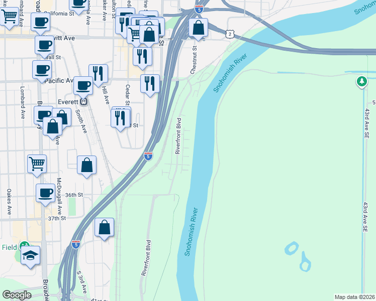 map of restaurants, bars, coffee shops, grocery stores, and more near 3355 31st Drive in Everett
