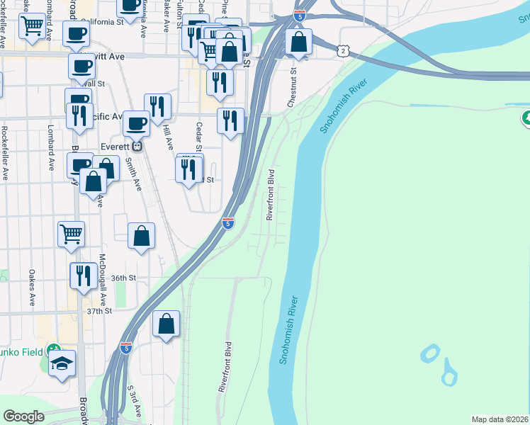 map of restaurants, bars, coffee shops, grocery stores, and more near 3337 30th Drive in Everett