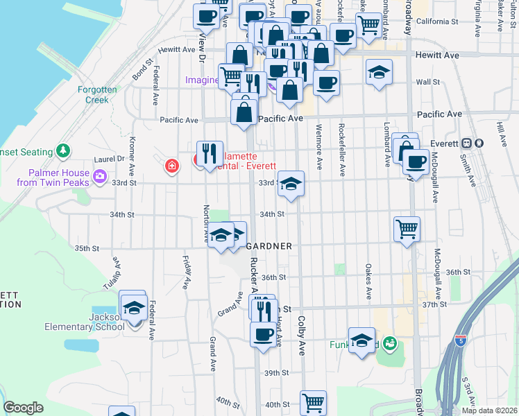 map of restaurants, bars, coffee shops, grocery stores, and more near 3323 Rucker Avenue in Everett
