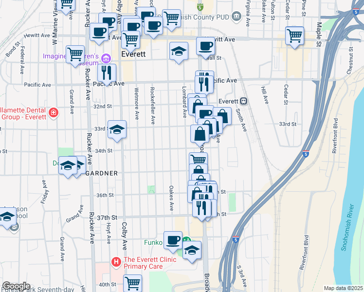 map of restaurants, bars, coffee shops, grocery stores, and more near 3326 Lombard Avenue in Everett