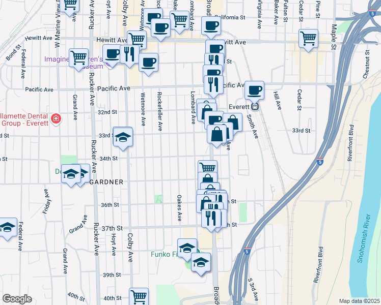 map of restaurants, bars, coffee shops, grocery stores, and more near 3323 Oakes Avenue in Everett