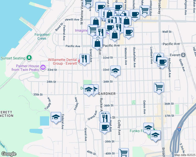 map of restaurants, bars, coffee shops, grocery stores, and more near 3326 Rucker Avenue in Everett