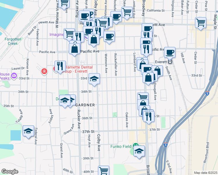 map of restaurants, bars, coffee shops, grocery stores, and more near 3325 Wetmore Avenue in Everett