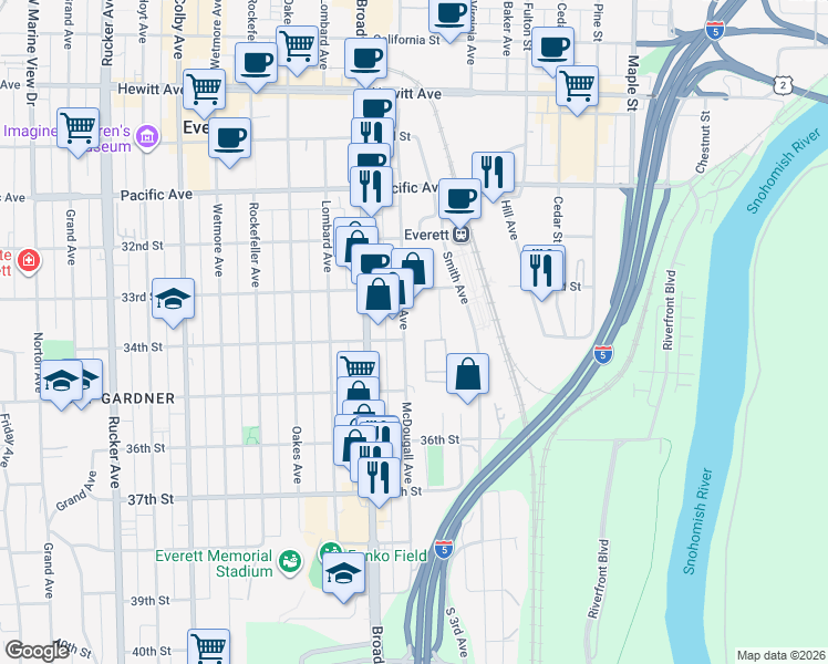 map of restaurants, bars, coffee shops, grocery stores, and more near 3324 Paine Avenue in Everett