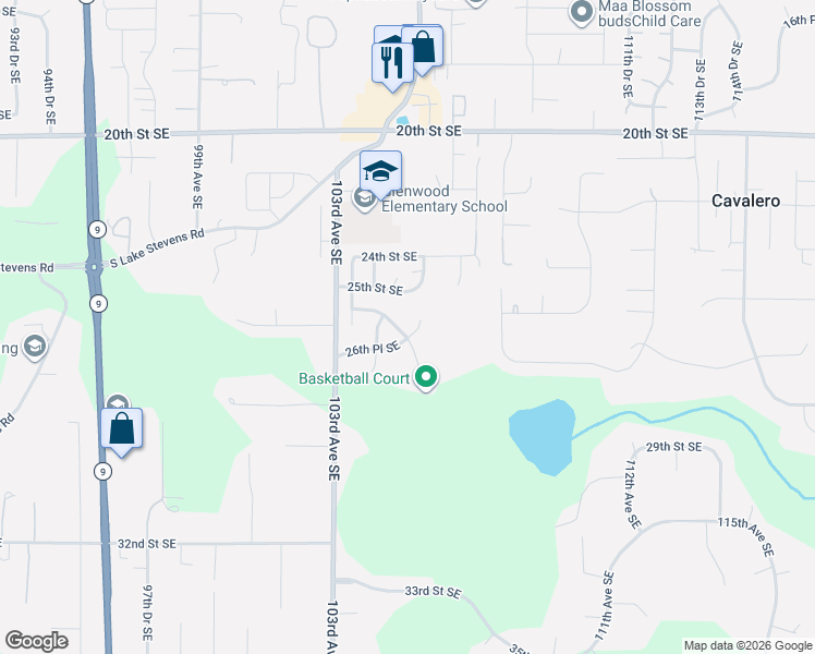 map of restaurants, bars, coffee shops, grocery stores, and more near 2603 105th Avenue Southeast in Lake Stevens