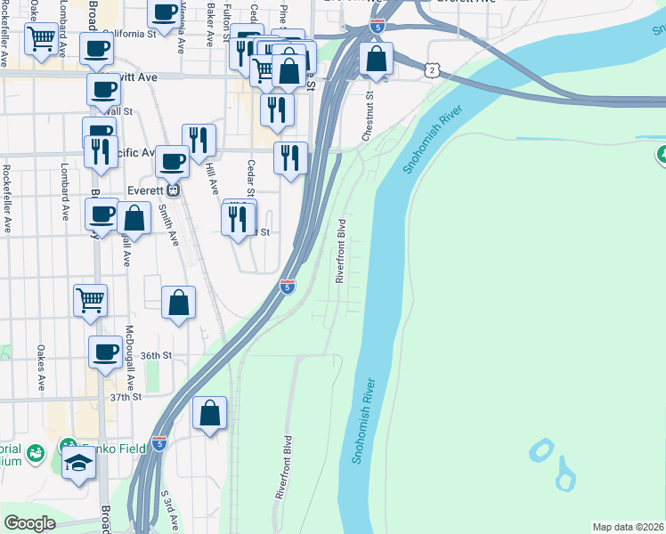 map of restaurants, bars, coffee shops, grocery stores, and more near 3337 30th Drive in Everett