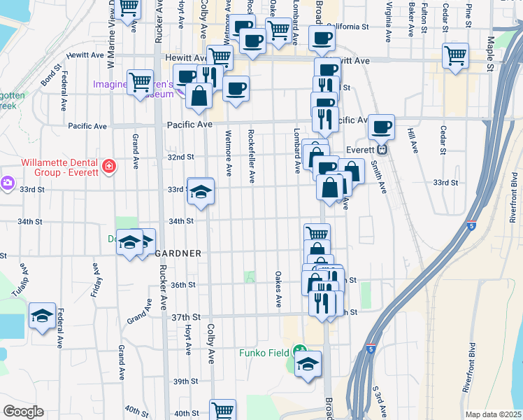 map of restaurants, bars, coffee shops, grocery stores, and more near 3325 Rockefeller Avenue in Everett