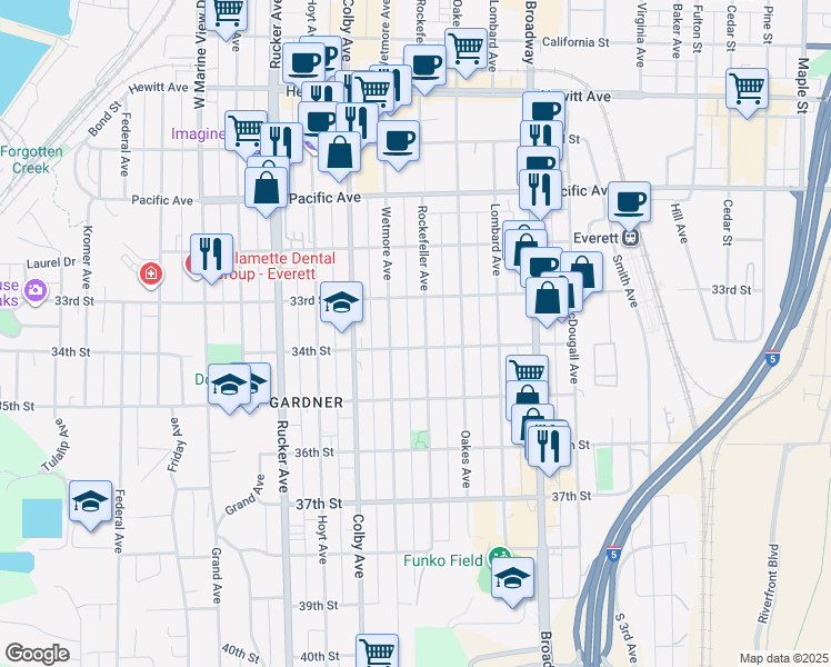 map of restaurants, bars, coffee shops, grocery stores, and more near 3325 Wetmore Avenue in Everett