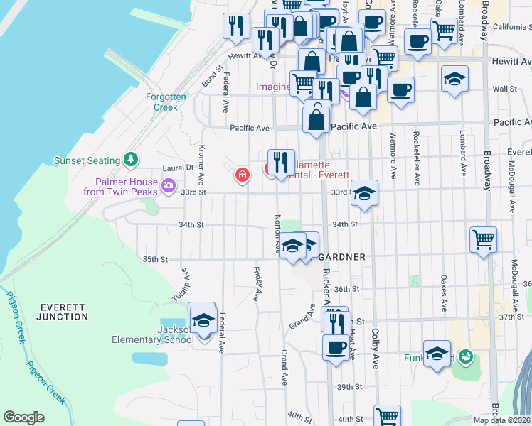 map of restaurants, bars, coffee shops, grocery stores, and more near 3317 Nassau Street in Everett
