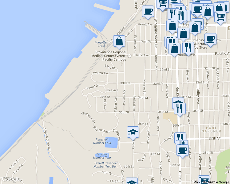 map of restaurants, bars, coffee shops, grocery stores, and more near 726 Niles Avenue in Everett